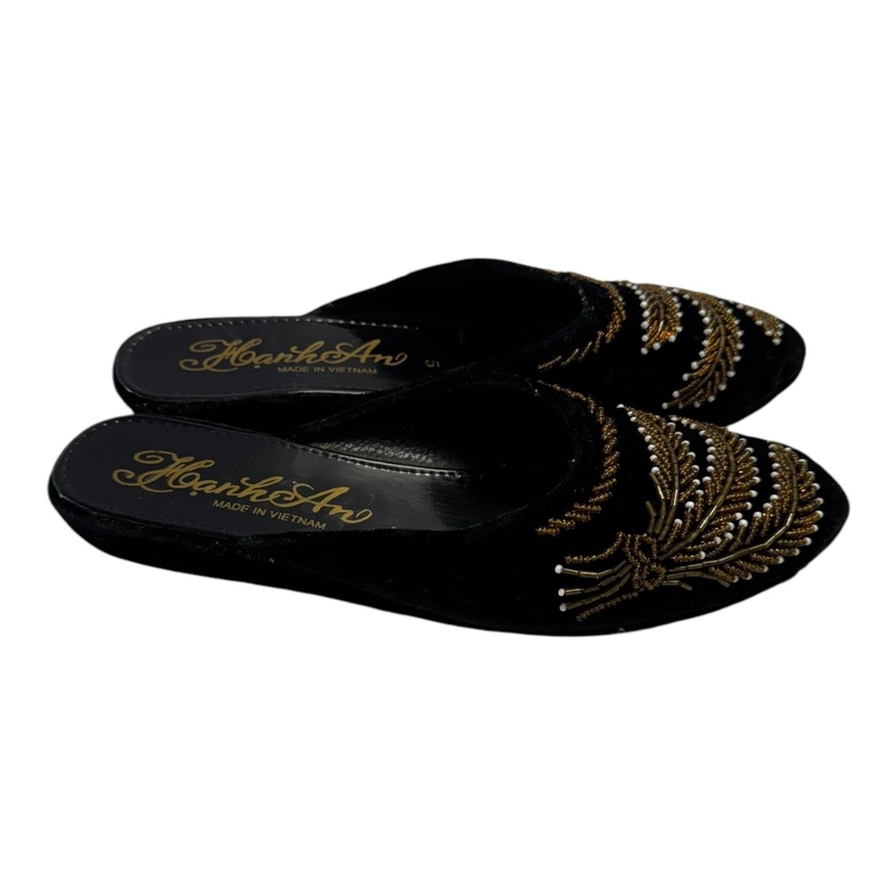 Huma Blanco HAND BEADED Slippers Black Velvet Elegant Beaded size 9 US women - Picture 4 of 8